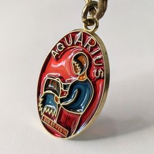 Vintage Aquarius Zodiac Red Stained Glass Retro Horoscope 90s Unique Keychain